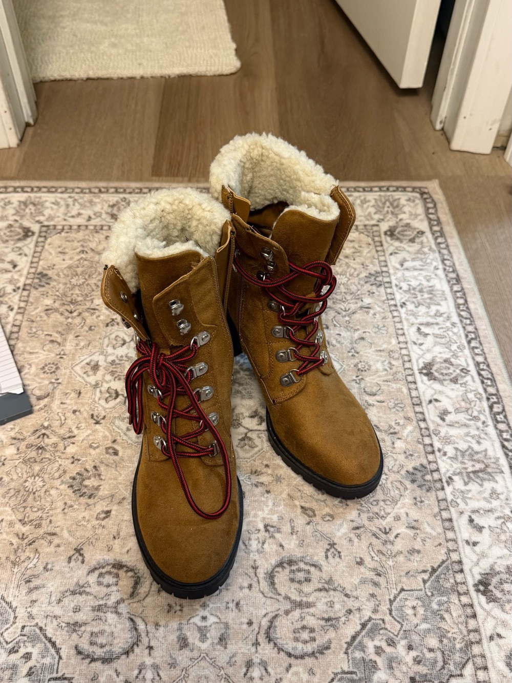 Nine West Women's Tan Suede Shearling-Lined Winter Lace-Up Boots